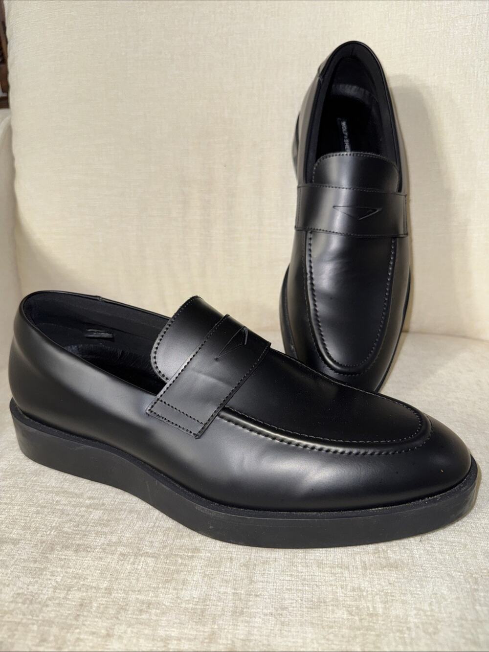 Wolf and Shepherd Men 10.5 Ringer Calf Leather Penny Loafer Slip-On Black Shoes